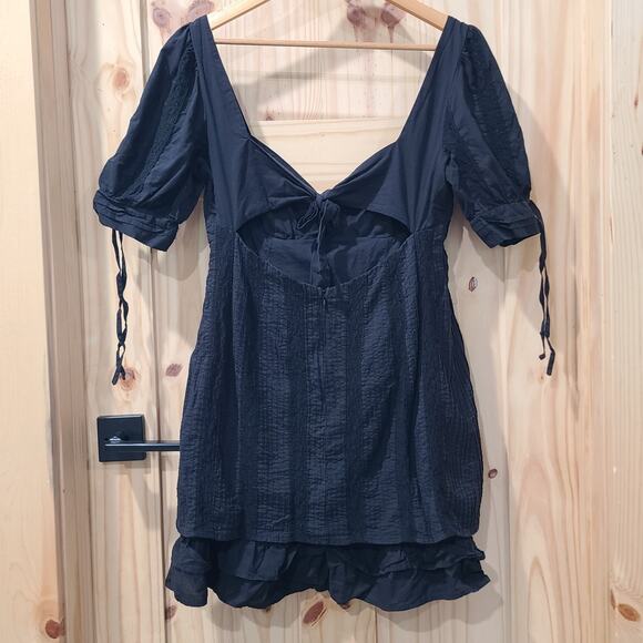 Lulus Black Mini Milkmaid Dress Pleated Lace Ruffle Hem Open Tie Back Size M - Picture 6 of 15